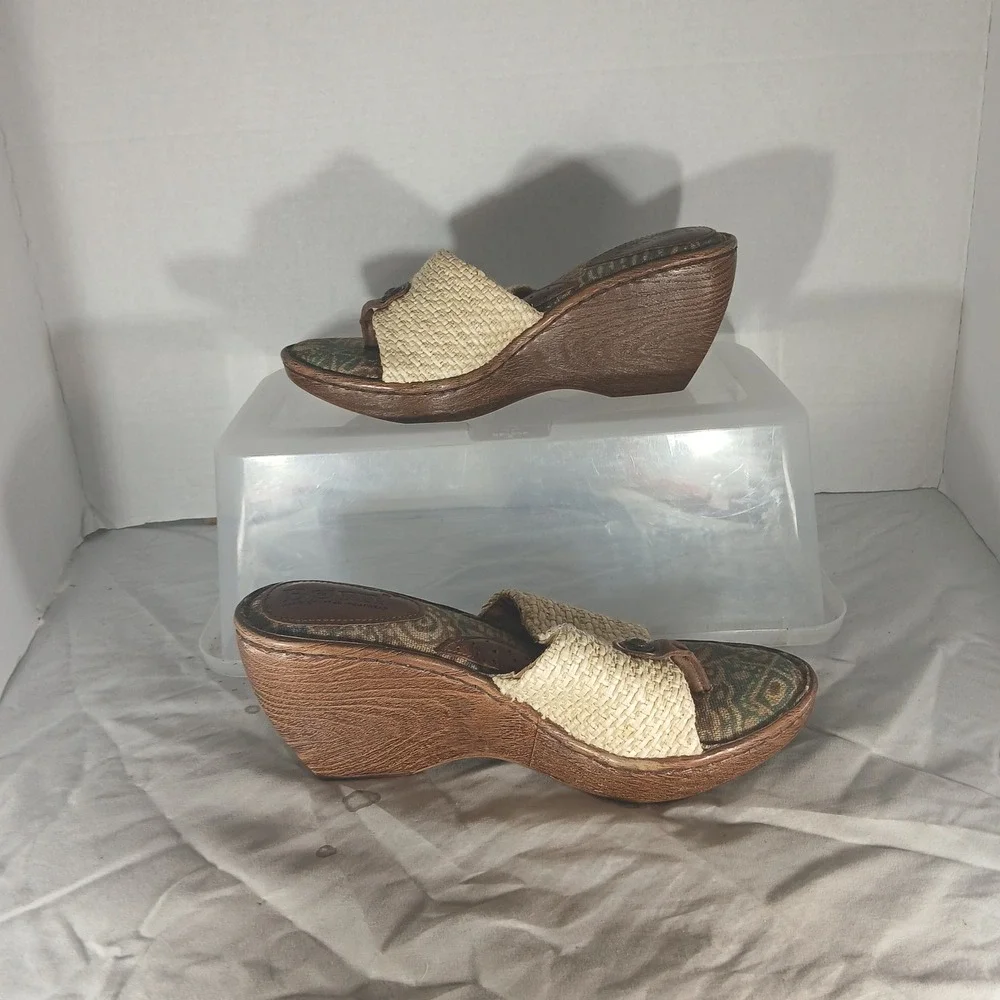 Born Wedge Sandals 7 Tan Brown Woven Raffia Tapestry‎ Boho Thong W62238